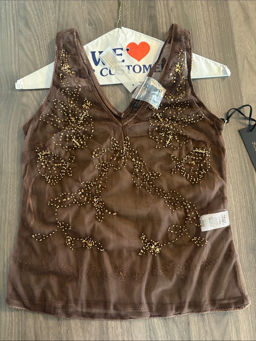 Sheer Embellished Brown V-Neck Mesh Tank Top
